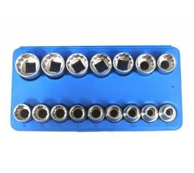 A set of socket wrenches on a blue holder.