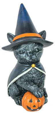 Produktbild von Katzenfigur mit Hexenhut & Kürbis als Halloween Deko 15cm