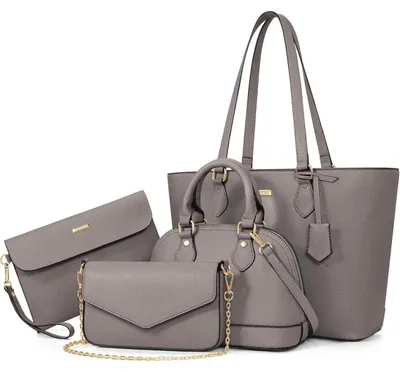 Produktbild von Handtaschen Set Damen 4-teilig Schultertasche Tragetasche Umhängetasche Clutch Grau Kunstleder