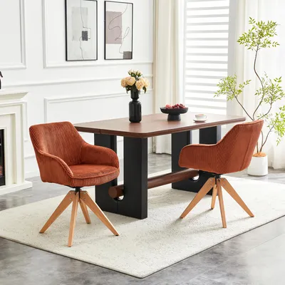 Produktbild von MODFU Drehstühle 2er-Set,Bürostuhl mit orangerotem Samt aus Streifenstruktur,Posterstuhl mit 360° Drehfunktion,Loungesessel mit Massivholzbeinen