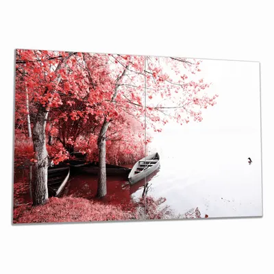 Produktbild von Wallario Herdabdeckplatte aus Glas, Größe 80 x 52 cm 2-teilig, Motiv Romantische Bootsanlegestelle in rot-weiß