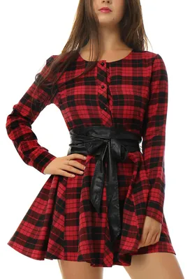 Produktbild von Allegra K Damen A Linie Langarm Bindegürtel Kariert Hemdkleid Kleid Rot S