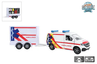 Zdjęcie produktu dla Kids Globe Traffic VW Transporter ambulans 27,5 cm metalowy rewers z przyczepą w pudełku