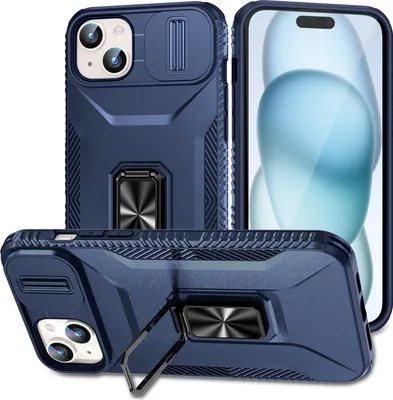 Produktbild von Handyhülle für iPhone 15 Plus Dual Layer Hülle mit Schiebe Kamera Schutz und Ringhalter Ständer Blau