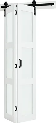 Produktbild von Falttür für Scheune, 914 x 2134 mm, MDF mit Hartglas-Falttüren für Schränke, inklusive Beschlagset, platzsparendes Design, vormontierte Paneele für Schlafzimmer, Wohnzimmer, Kleiderschrank, weiß