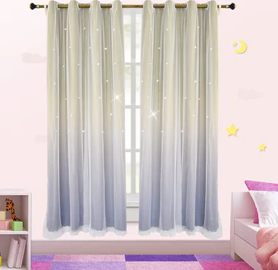 Produktbild von Topchances 2 Panel Gardinen Vorhänge, Verdunklungsvorhänge Kinderzimmer& Schlafzimmer, Stern Vorhänge Schlafzimmer Wohnzimmer Bunte Doppelschicht Stern Fenstervorhänge (Gelb+Lila,52*84 Zoll)