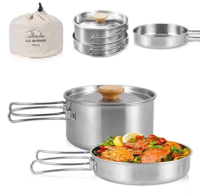 Image de Vaisselle de camping en acier inoxydable, avec couvercle et poignée pliable, idéale pour le camping