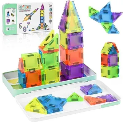 Produktbild von 50 Stück Magnetische Fliesen für Kinder, Magnetisches Konstruktionsspiel für kreative Kinder, Reiseversion mit Metallbox, Spielzeug für 3-6 Jahre