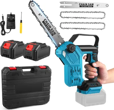 Immagine prodotto di Mini motosega da 20 cm - Motosega a batteria - Lubrificazione automatica della catena - 2 batterie da 3,0 Ah incluse - Giardinaggio e taglio della legna - Blu