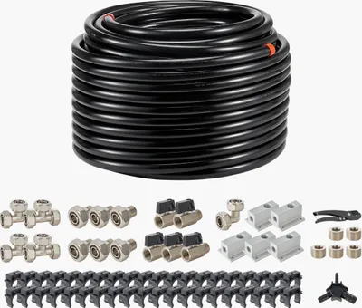 A collection of plumbing and air compressor fittings and tubing.