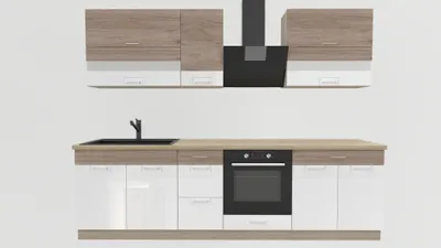 Produktbild von Küchenzeile 270 cm - ECONO A - Sonoma Eiche - Weiß Hochglanz - Ohne Arbeitsplatte - Einbauküche mit Soft-Close - Metallbox Schubladen