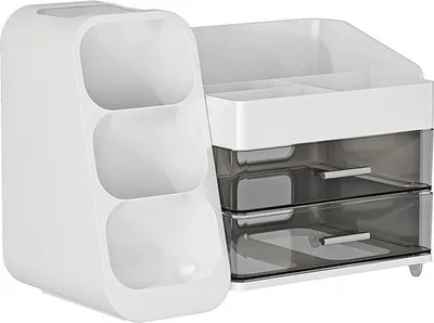 Produktbild von Kosmetik Aufbewahrungsbox mit Schubladen, 3-in-1 Make-up Organizer, großer Stauraum, transparent, cremeweiß, für Schminktisch & Badezimmer