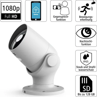 A white security camera with various feature icons and text.