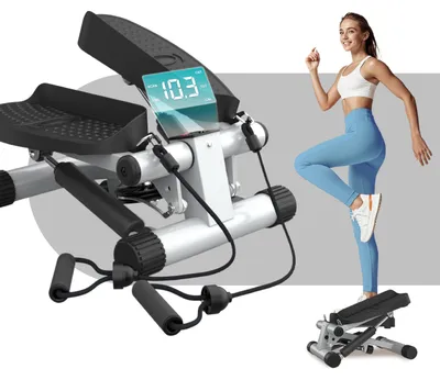 Image de Mini stepper avec bandes de résistance - Écran LCD compact et surface antidérapante - Idéal pour le fitness à domicile et au bureau