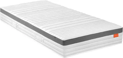 A white mattress with a gray border and an orange tag is shown on a white background.