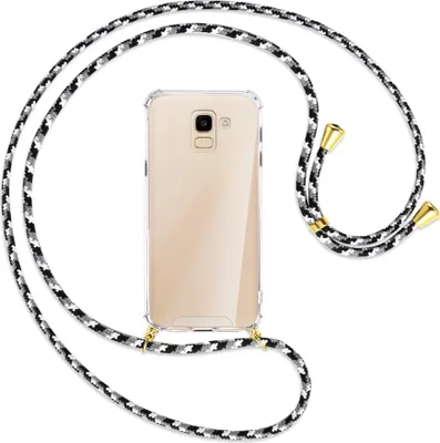 Produktbild von Handykette Backcover-Schutzhülle mit Band (Metall goldfarben) für Samsung Galaxy J6 2018 - schwarz/grau/weiß