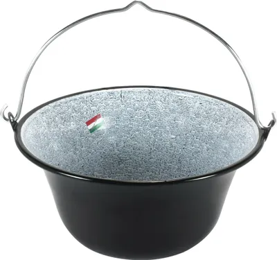 A black enameled cauldron with a metal handle, shown from a slightly elevated front view against a white background.