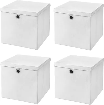 Four white storage boxes with lids arranged in a 2x2 grid.