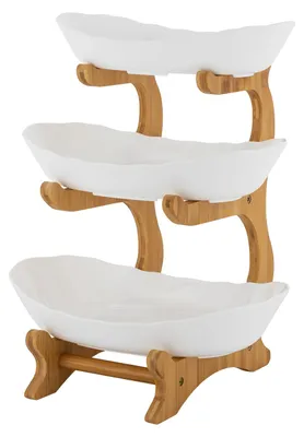 Produktbild von 3-stöckige Etagere - Snack Dessert Kuchenständer - Obstschale mit Bambusgestell - Servierplatte für Party und Hochzeit - Weiß