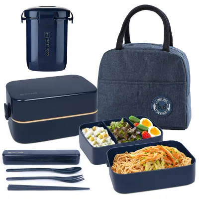 Bentobox 2 Etagen mit Lunchtasche, 4 Fächer, BPA-frei, 1500 ml, Blau