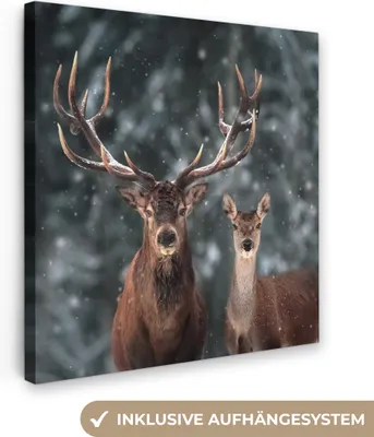 Produktbild von MuchoWow® - Leinwandbilder - Hirsche - Tiere - Winter - Geweih - Schnee - Natur, Wandbild, Wanddeko Bilder Wohnzimmer, 90x90cm