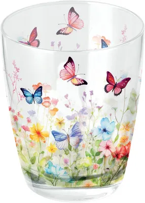 Produktbild von Trinkglas 9,5cm mit Schmetterlinge & Blumen Motiv - 250ml Wasserglas - Saftglas Limonadenglas Glasbecher - Sommergeschirr Tischdeko Küche - Becher & Gläser - Trinkgeschirr