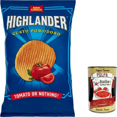 Produktbild von 20x San Carlo Highlander Tomato or nothing Patatine Kartoffelchips Tomaten Chips 50g + Italian Gourmet polpa 400g
