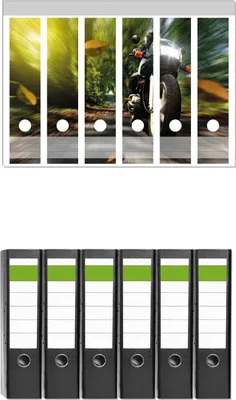 Produktbild von Wallario 6 Stück breite Ordner inkl. Klebeetiketten mit Motive Fahrendes Motorrad im Wald mit Herbstlaub -  Set mit Rückenschildern / Ordnerrücken Stickern