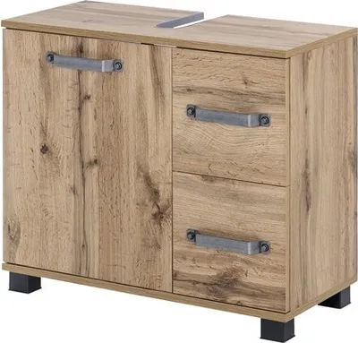 A wooden cabinet with two drawers and a door.