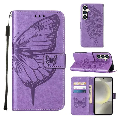 Produktbild von Galaxy S25 FE Hülle, Schmetterling Prägung Leder Kartenfächer Schutzhülle mit Ständer für Samsung Galaxy S25 FE Violett