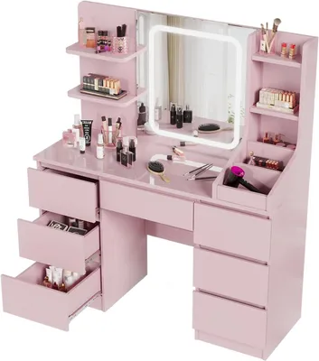 Immagine prodotto di Comò da trucco – Comò – Tavolino da trucco – Illuminazione LED regolabile – 7 cassetti e 4 scomparti – Rosa