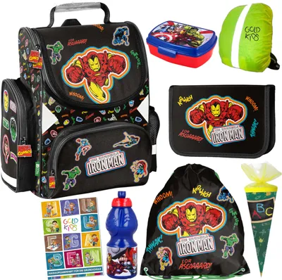Produktbild von 8er Set Avengers Marvel Schulranzen ergonomischer Ranzen Federmappe Aufgabenheft für die Grundschule. Geeignet ab der ersten Klasse der Grundschule