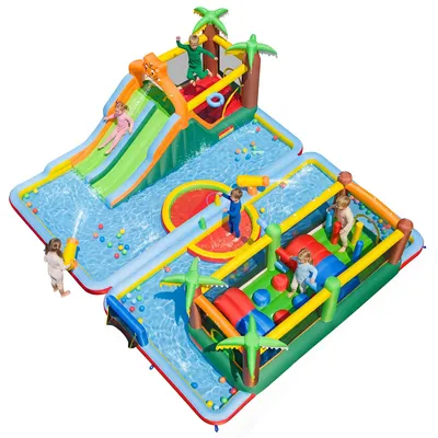 Obrázok produktu pre Hrad s trampolínou od spoločnosti COSTWAY, vodný park, nafukovací hrad s 2 šmýkačkami, zónou na skákanie, lezeckou stenou, hádzanou do kruhov a bazénom, vrátane 2 vodných pištolí