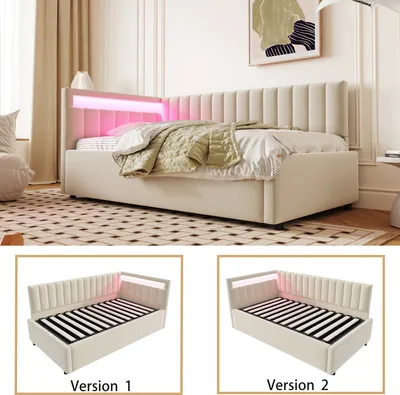 Produktbild von MODFU Polsterbett,Schlafsofa Daybett 90x200cm,Ohne Matratze,mit LED-Beleuchtung und hydraulischem Stauraum,seitliche Kopfteile mit austauschbaren Positionen,Samtstoff,Beige
