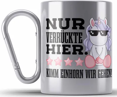 Produktbild von Trendation - Lustige Nur Verrückte Hier Edelstahl Tasse Karabiner Mit Spruch Einhorn Karabiner Edelstahl Tasse Karabiner Edelstahl Geschenk Mama Freundin Kollegin Geschenkidee Arbeit Frauen (Silber)