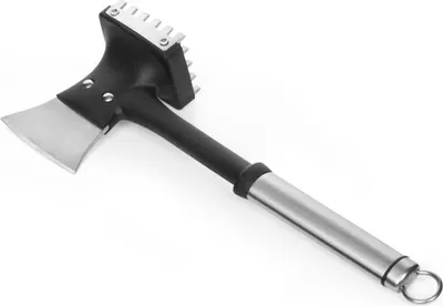 A kitchen tool with an axe-like blade and a meat tenderizer on a white background.