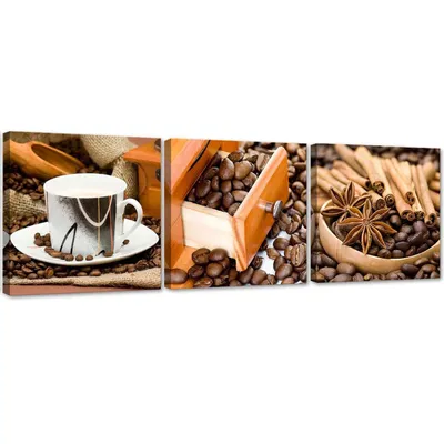 Produktbild von Set mit gemälden auf leinwand kaffee und zimt 120x40 cm Feeby braun wandbild bereit zum aufhängen
