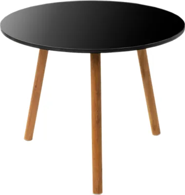 A black round table with three wooden legs on a white background.