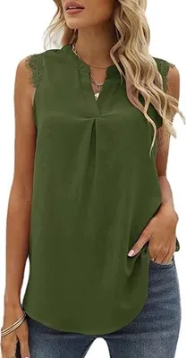 Image de ASKSA Femme Chemise sans manches Élégante dentelle Mousseline Tops Chemise Col V Été Casual Shirts, Vert Armée, XXL
