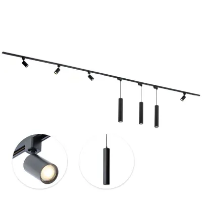 Produktbild von Qub Focus III - 1-Phasen Schienensystem - 400cm - 4 Spots & 3 Pendelleuchten - Schwarz - LED