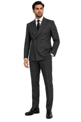 Produktbild von 2 Tlg. Gestreift Herrenanzug Slim Fit, Kruvaze, Zweireiher, Sakko & Hose, Elegant, Business, Hochzeit, Festlich, Herrenmode, Anlassanzug, Anthrazit, KI-generiertes Bild