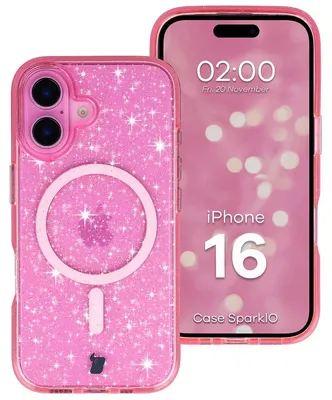 Produktbild von Glitzer Hülle mit Magnetring für iPhone 16, Bizon Case SparklO, Transparent-Rosa mit Glitzer