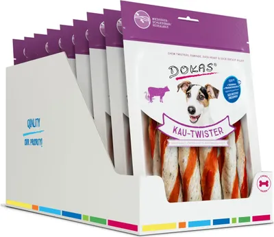 Produktbild von DOKAS - Kau-Twister Rinderhaut, Entenherz & Entenbrust (9 x 200g)