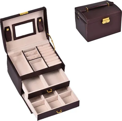 Image de Boîte à bijoux UNIQ à 3 niveaux - Élégante boîte à bijoux avec tiroirs pour bagues, boucles d'oreilles et montres - Noir