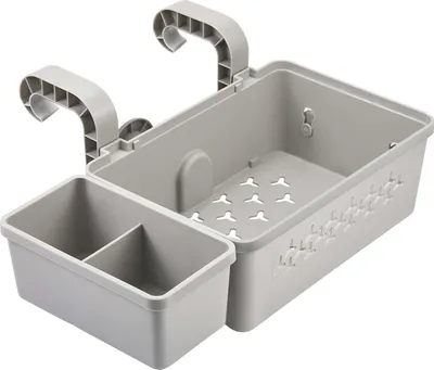 A gray plastic pool storage basket with hooks for hanging, featuring a main compartment with drainage holes and a smaller divided compartment.