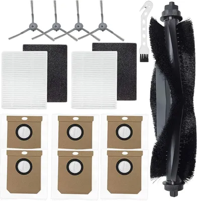 A collection of replacement parts for a robot vacuum cleaner, including brushes, filters, and dust bags, laid out on a white background.