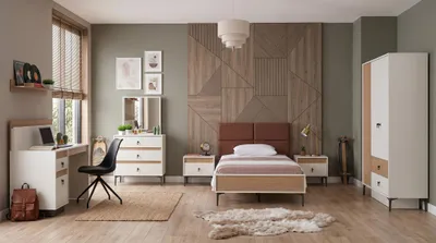 Immagine prodotto di Camera da letto per adolescenti, in bianco: letto, comodini, armadio, cassettiera, scrivania