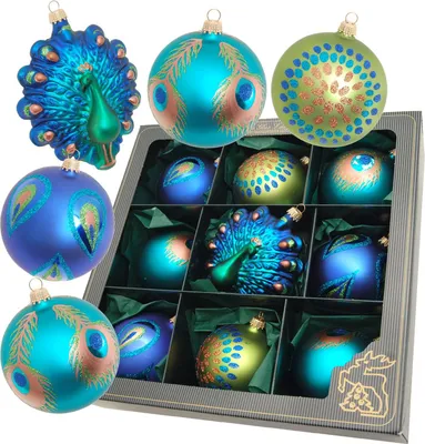 Produktbild von Krebs Glas Lauscha 9er Set Christbaumkugeln + Figur (11cm) - Pfau-Motiv in Blau/Türkis/Grün - ca. 8cm