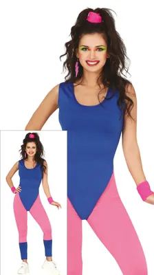 Productafbeelding van Sportieve outfit in jaren '80 stijl, geschikt voor aerobics, carnaval, retro looks, fitte looks en feesten. Vintage. Maat: 38 - 40 (M). Kleur: Blauw