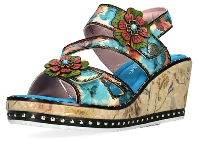 Produktbild von Laura Vita Damen Sandalette Leder mehrfarbig mit Blütenapplikationen Ballon 09, Größe:40 EU, Farbe:Türkis